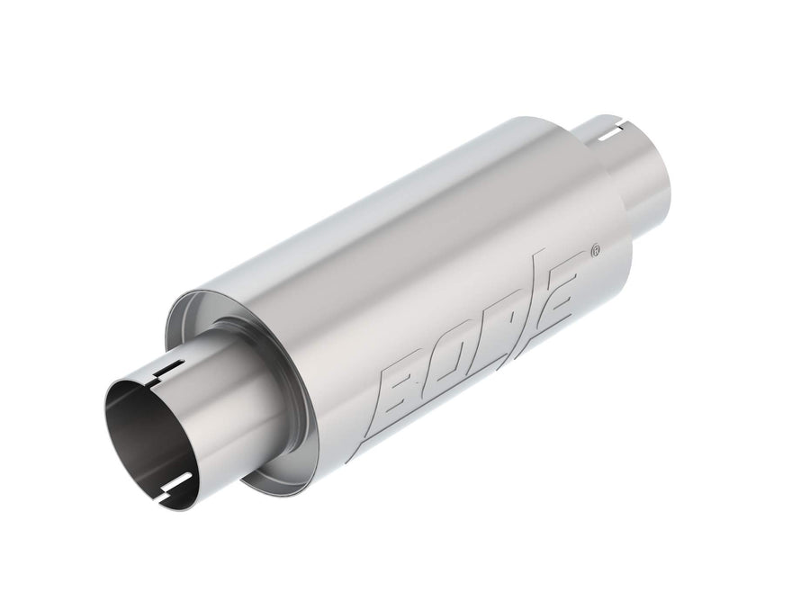 BORLA Resonator/Specialty 401343 - 3" Center Inlet/ 3" Center Outlet 5" Round x 10" Long Body 15" Overall Length. Universal Part. Reversible Design. Notched Necks.