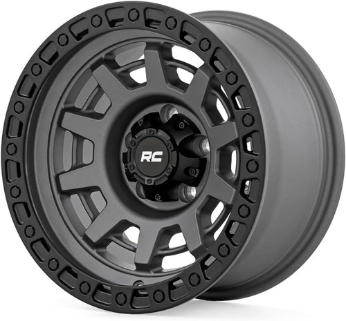 85 Series Rough Country One-Piece Aluminum Wheel with Simulated Beadlock - 15x8, 5x5.5" Bolt Pattern, 19mm Offset, Gunmetal Gray/Black