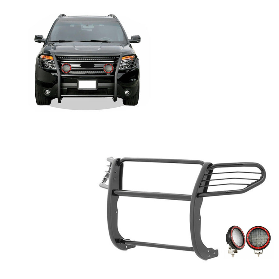 Bumper Guard Black Horse Grille Brush Modular Black Come with Pair of 5.3" Dia.LED Lights with Red Trim Rings Compatible with 2016-2019 Ford Explorer-17FJ30MA-PLFR