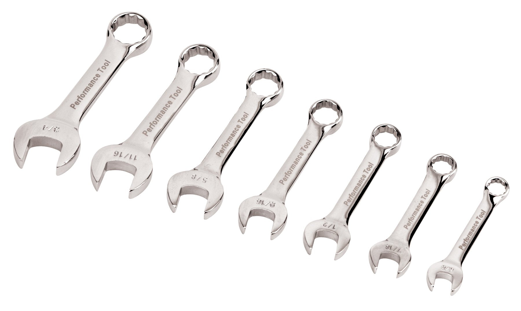 W30507 Performance Tool SAE Full Polish Stubby Wrench, 7-Piece, 1-Pack