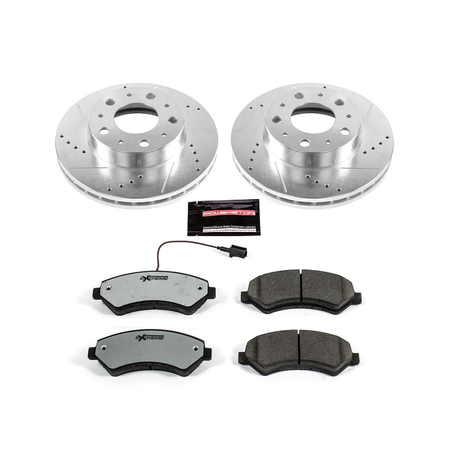 Power Stop Front Brake Kit For 2014 2015 2016 2017 2018 2019 2020 2021 2022 2023 2024 Ram ProMaster 1500 - Carbon Fiber Ceramic Brake Pads & Drilled & Slotted Rotors Replacement, K7303-36