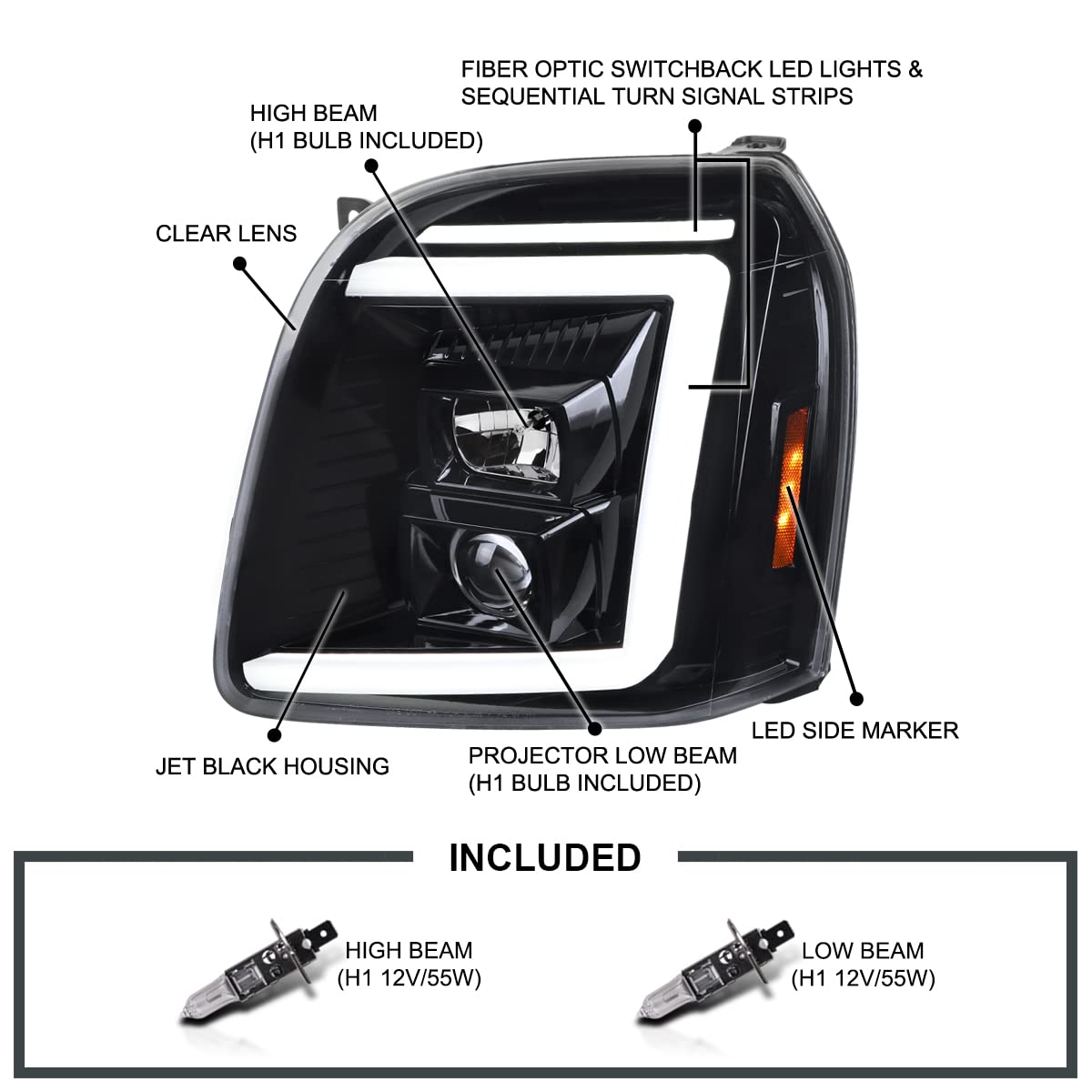 Jet Black SPEC-D TUNING Sequential LED Signal Tube Projector Headlights Compatible with 2007-2014 GMC Yukon/Yukon XL Denali 1500 2500, Left + Right Pair Headlamps Assembly