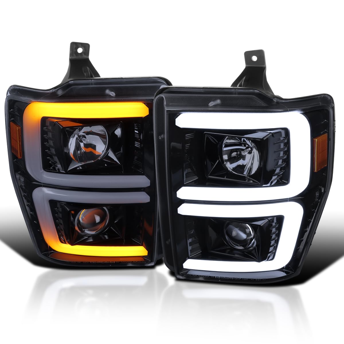 Glossy Black Smoke SPEC-D TUNING Sequential Switchback Projector Headlights Compatible with 2008-2010 Ford F-250, F-350, F-450