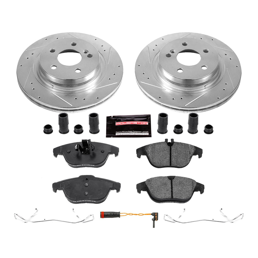 Power Stop K5626 Rear Z23 Brake Pads with Drilled & Slotted Brake Rotors Kit and 1 Rear Sensor Wire For C250, C300, C350, E350, E400, E550 [Model Specific]