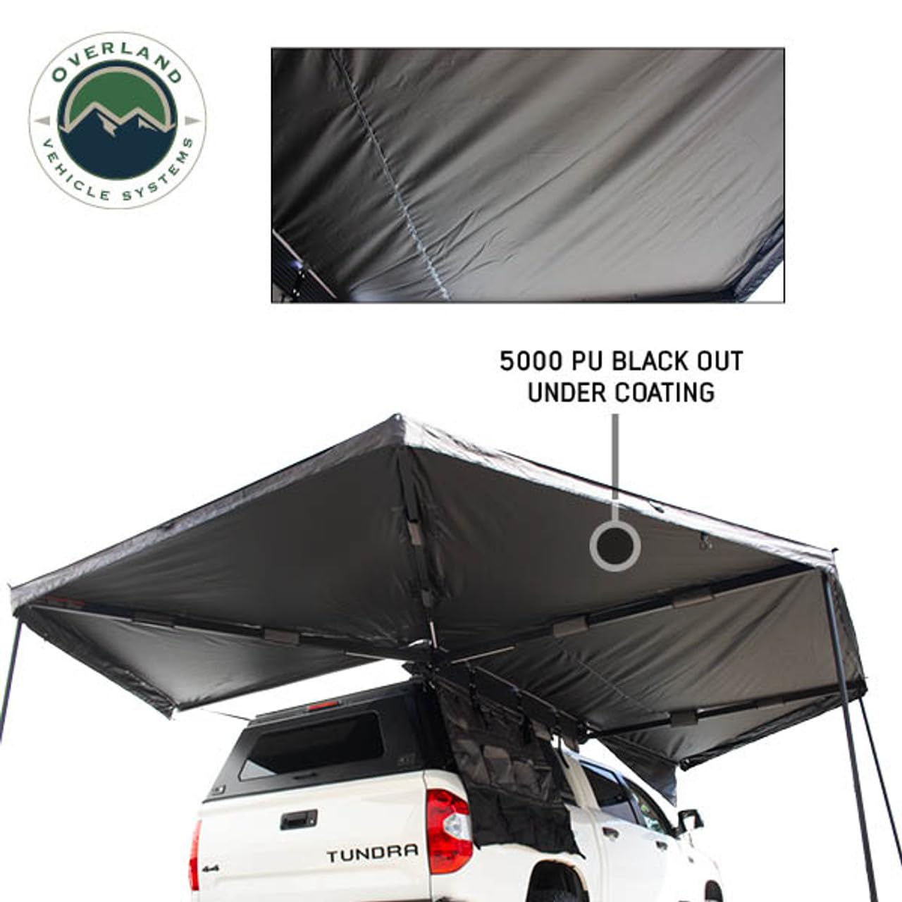 XD Nomadic 270 - Overland Vehicle Systems Awning W/Lights & Black Out, Driver Side, Grey Hex, Black Trim & Black Travel Cover
