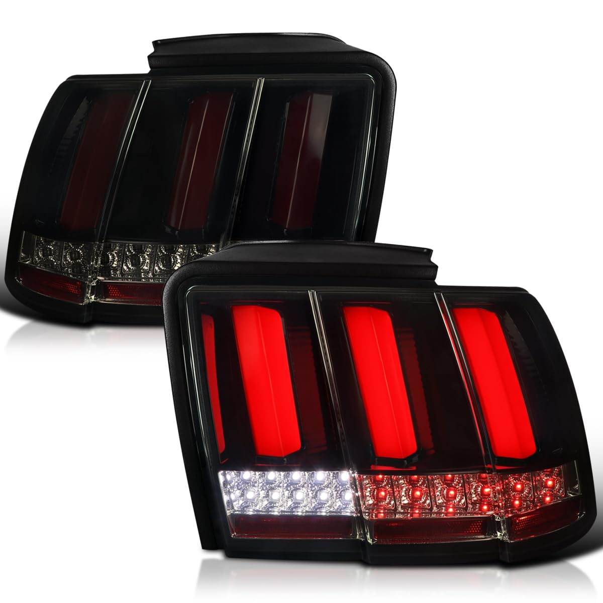 Glossy Black Smoke SPEC-D TUNING Sequential LED Bar Tail Lights Compatible with 1999-2004 Ford Mustang, Left + Right Pair Assembly
