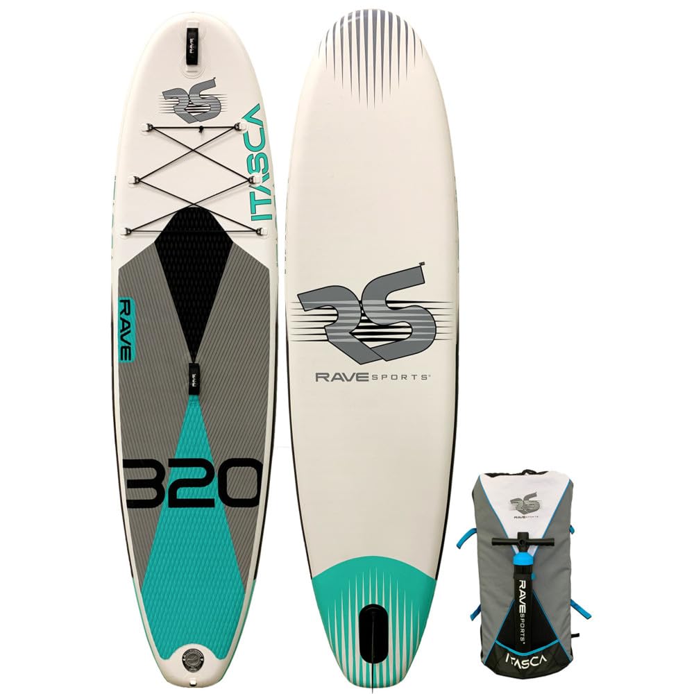 Inflatable Stand Up Paddle Board RAVE Sports, Itasca Quarry Blue, 10'6" x 32" x 6", Durable Materials, Non-Slip Comfort Deck, Designed for Adults & Youth, Performance SUP, High Pressure Hand Pump