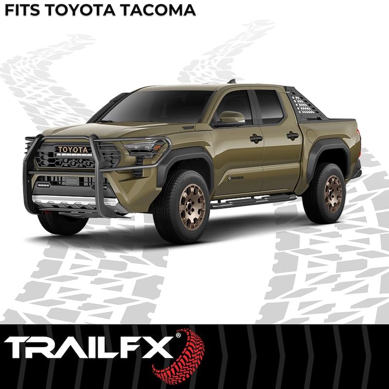 Grille Guard Trail FX E0046T, 1-Piece, 1-1/2 Inch Diameter, Powder Coated, Gloss Black, Steel, with Brush Guard, Without Skid Plate/Step Plate, Fits 2024-2025 Toyota Tacoma