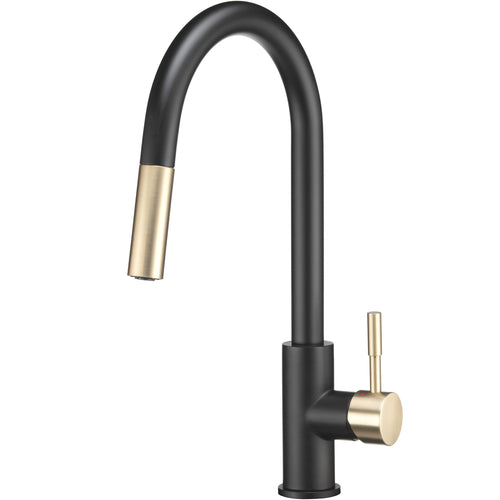 Dura Faucet Streamline RV Single Handle Pull-Down Kitchen Sink Faucet - Optional Deck Plate (Matte Black/Matte Gold)