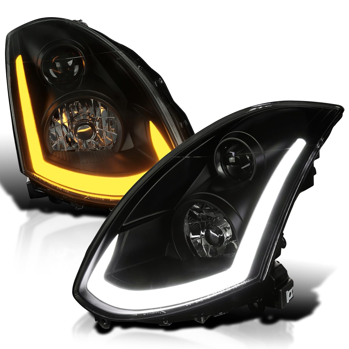 Black Smoke SPEC-D TUNING Projector Headlights w/Sequential LED Strip Compatible with 2003-2007 Infiniti G35 Coupe, Left + Right Pair Headlamps Assembly