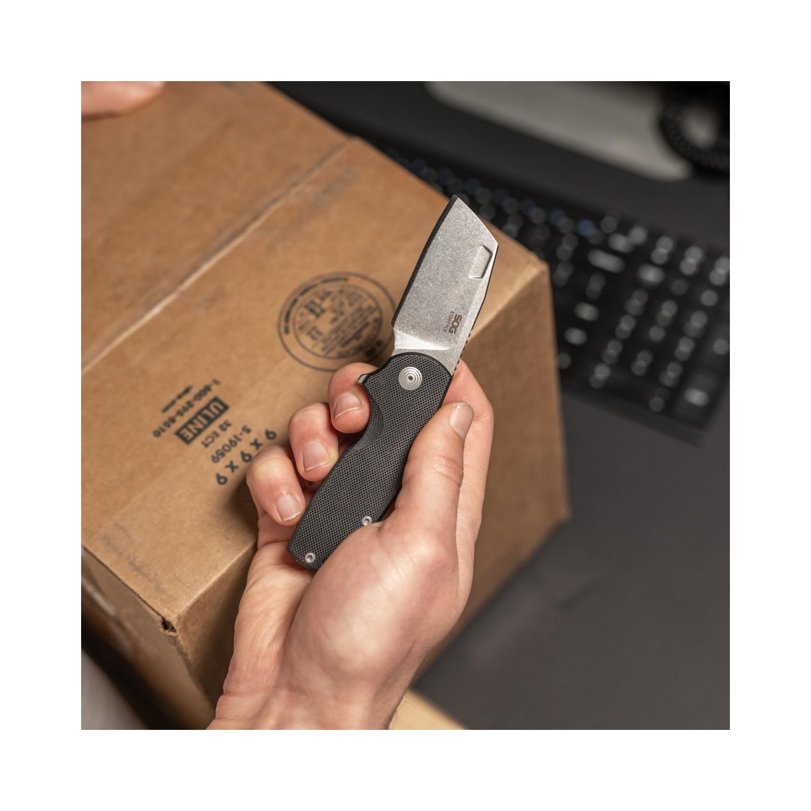 FLK SOG Stout Cleaver Daily Carry Folding Knife| G10 & Steel Handle | CRYO D2 Steel Blade| Short-Blade Frame Lock Folder, Black/Stonewash