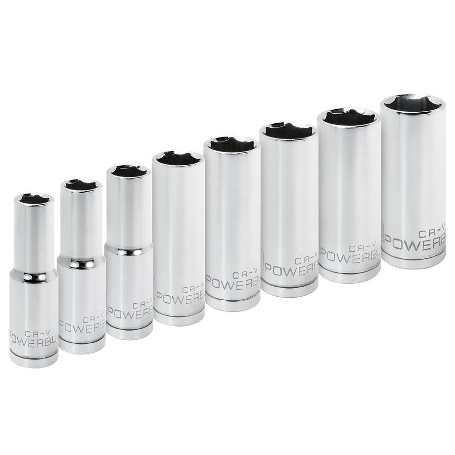 8 Piece Powerbuilt 1/2" Drive Metric 6Pt. Deep Well Socket Set
