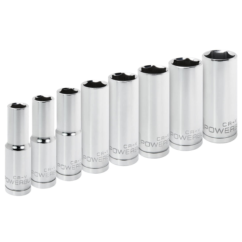 8 Piece Powerbuilt 1/2" Drive Metric 6Pt. Deep Well Socket Set