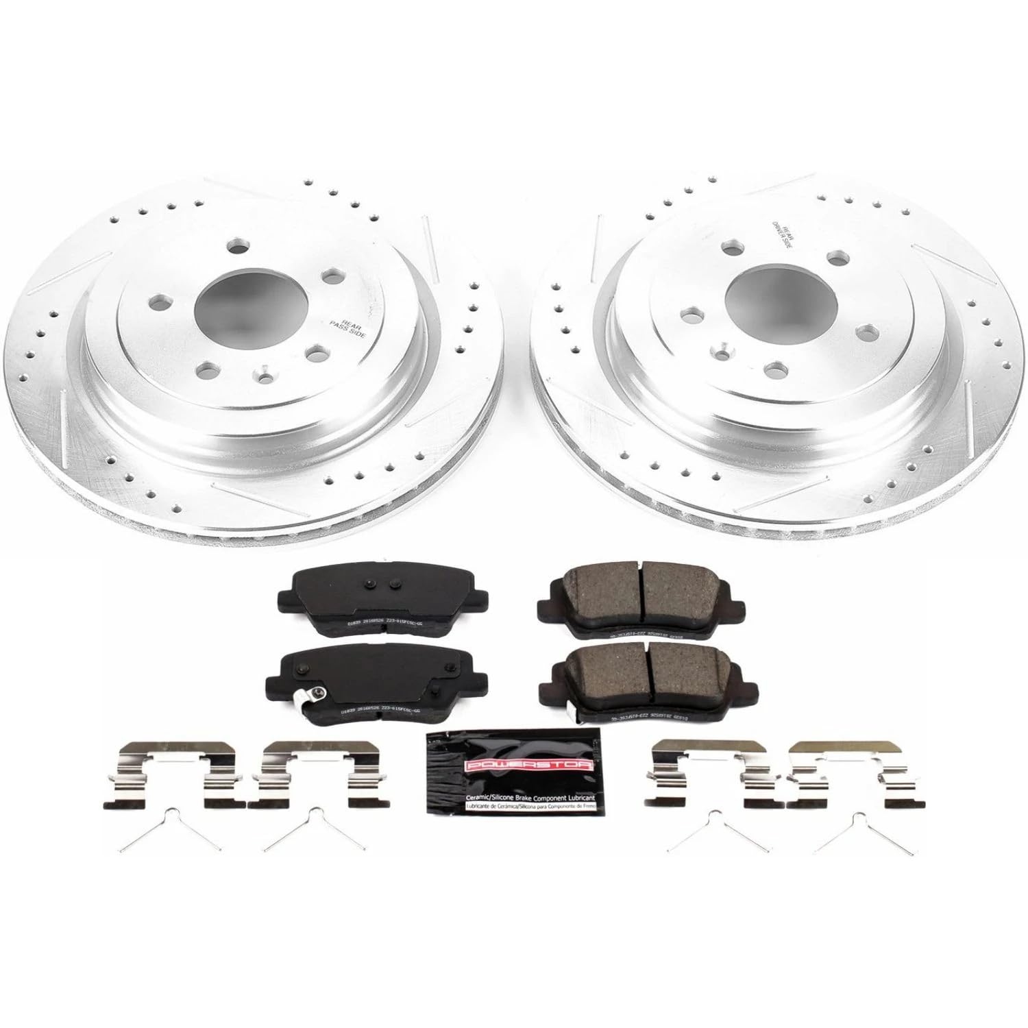 Power Stop K7401 Z23 Carbon Fiber Brake Pads Rear with Drilled & Slotted Brake Rotors Kit For Cadillac ATS 2016-2018 [Model Specific]