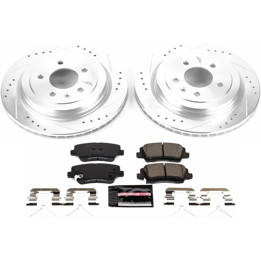 Power Stop K7401 Z23 Carbon Fiber Brake Pads Rear with Drilled & Slotted Brake Rotors Kit For Cadillac ATS 2016-2018 [Model Specific]