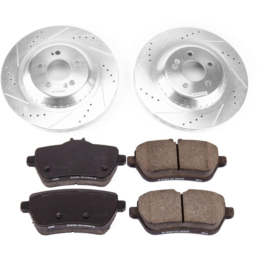 Power Stop K8194 Rear Brake Pads Z23 Carbon Fiber with Drilled & Slotted Brake Rotors Kit and 1 Rear Sensor Wire For Mercedes S450, Mercedes S550, Mercedes S550e, Mercedes S560 [Model Specific]