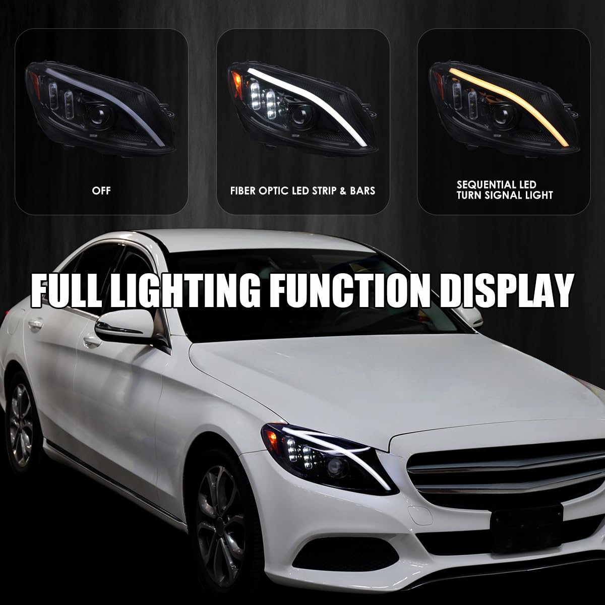 Glossy Black Smoke SPEC-D TUNING Projector Headlights w/Switchback LED Strips and Sequential Turn Signal Compatible with 2015-2018 Mercedes-Benz C-Class W205