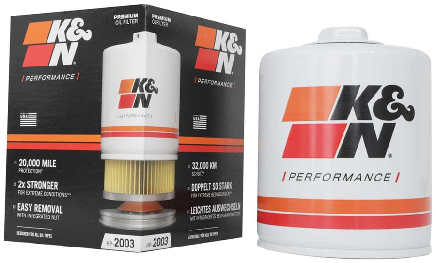 K&N Oil Filter Premium: 20,000 Mile Engine Protection with Wrench Off Nut: Compatible with Select JEEP/AMC/BUICK/PONTIAC Vehicle Models (See Product Description for Select Models), HP-2003