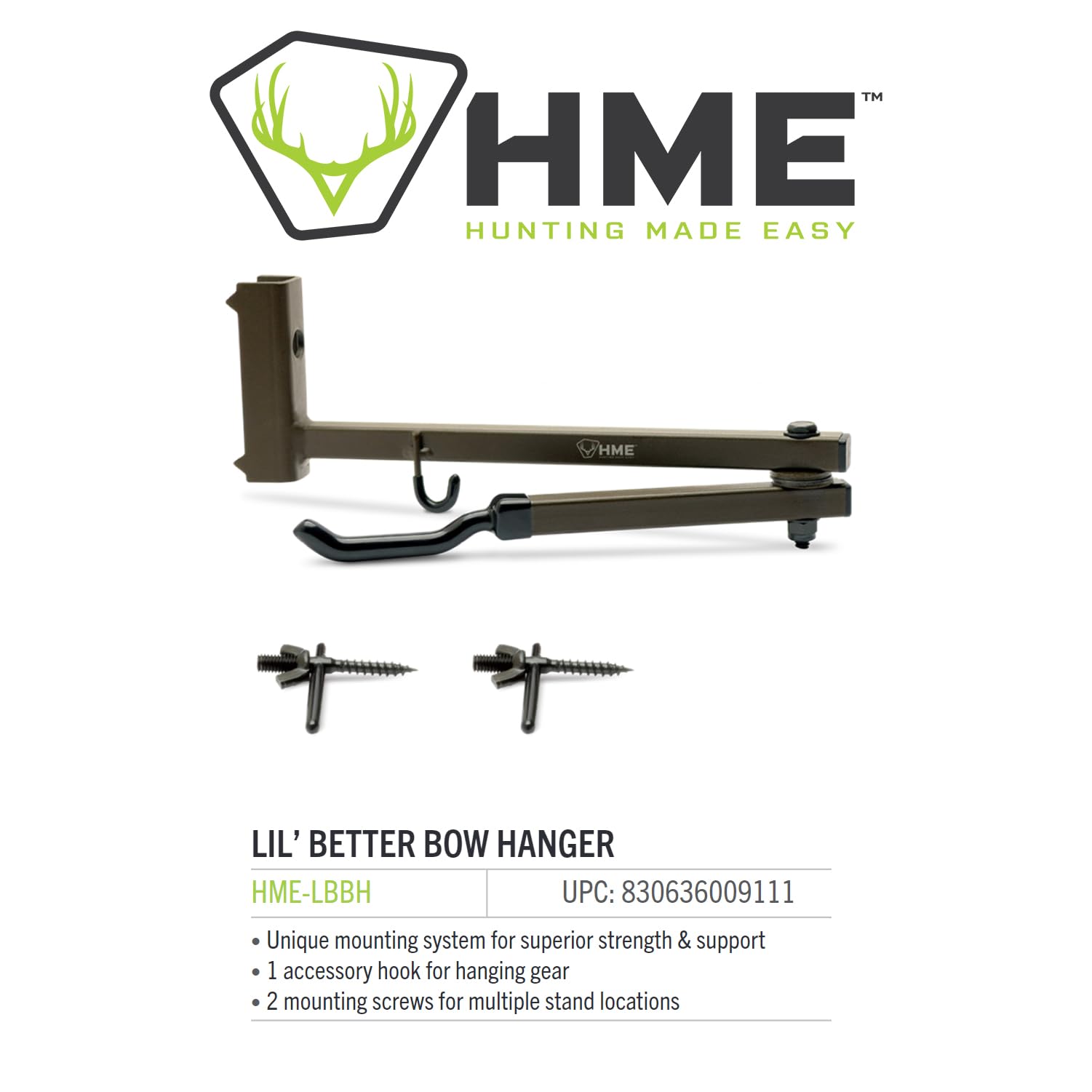 HME Easy-to-Attach Durable Strong Secure Lil Better Tree Stand Bow Hanger - Includes Accessory Hook Two Mounting Screws, One Size, Olive