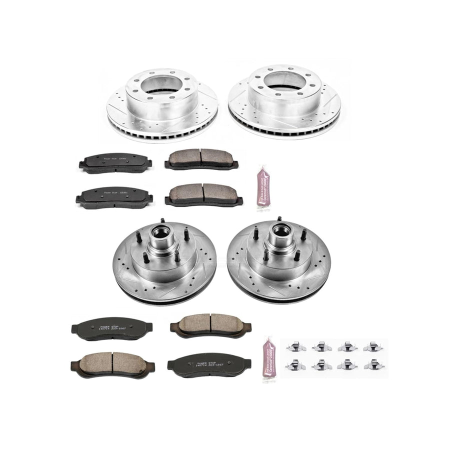 Power Stop K2895 Z23 Carbon Fiber Brake Pads Front and Rear with Drilled and Slotted Brake Rotors Kit For 2007 2008 Ford F-250 | 2007-2010 Ford F-350 [4WD Models with Single Rear Wheels]