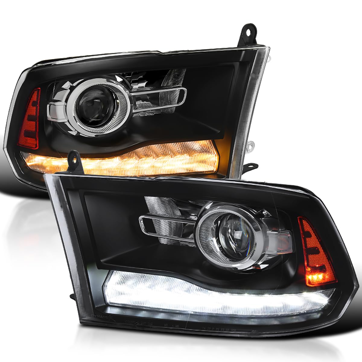 Black SPEC-D TUNING Projector Headlights + Sequential Switchback LED Signal Strip Compatible with 2009-18 Dodge RAM 1500/2500/3500, 2019-24 Dodge RAM 1500 Left + Right Pair Headlamps Assembly