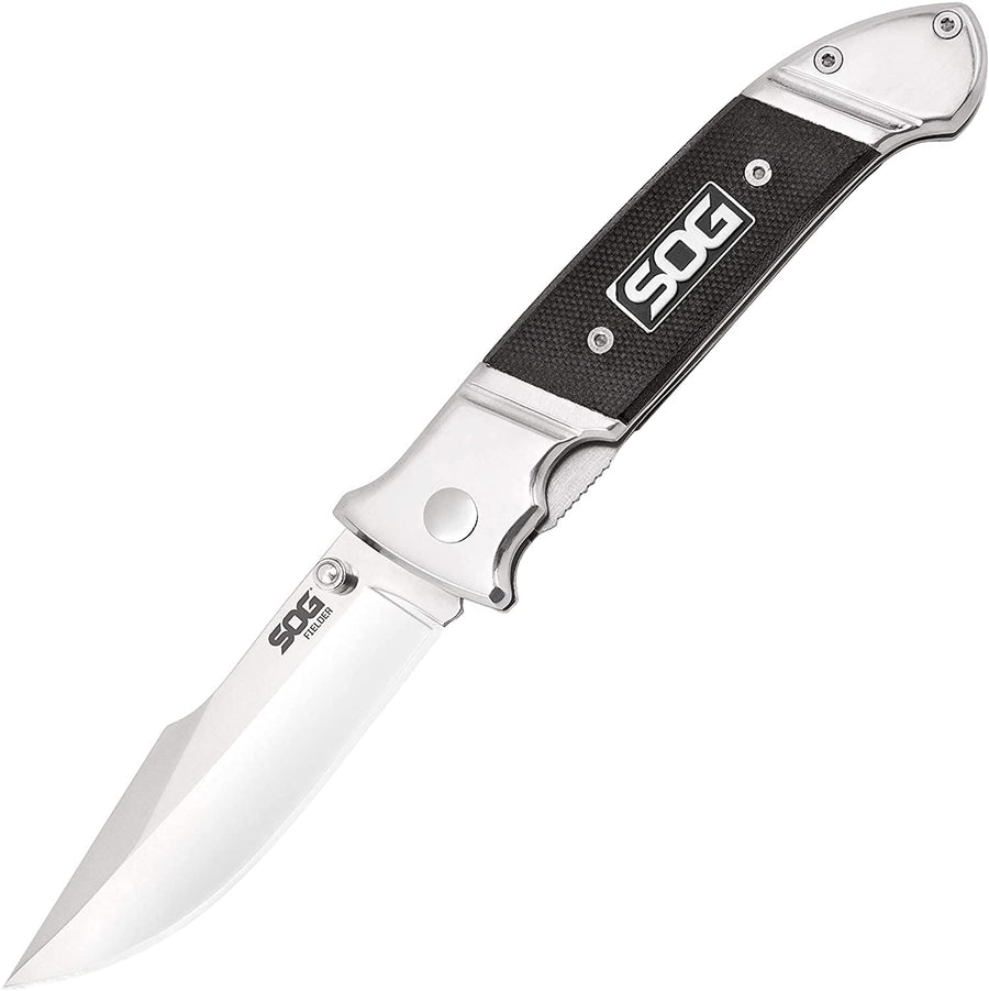 Fielder SOG G10 Folding Pocket Knife - Easy Open 3.3 Inch Foldable Knife Blade w/ EDC Knife Handle and Clip, Stainless Steel Do-It-All Knife (FF38-CP), Black