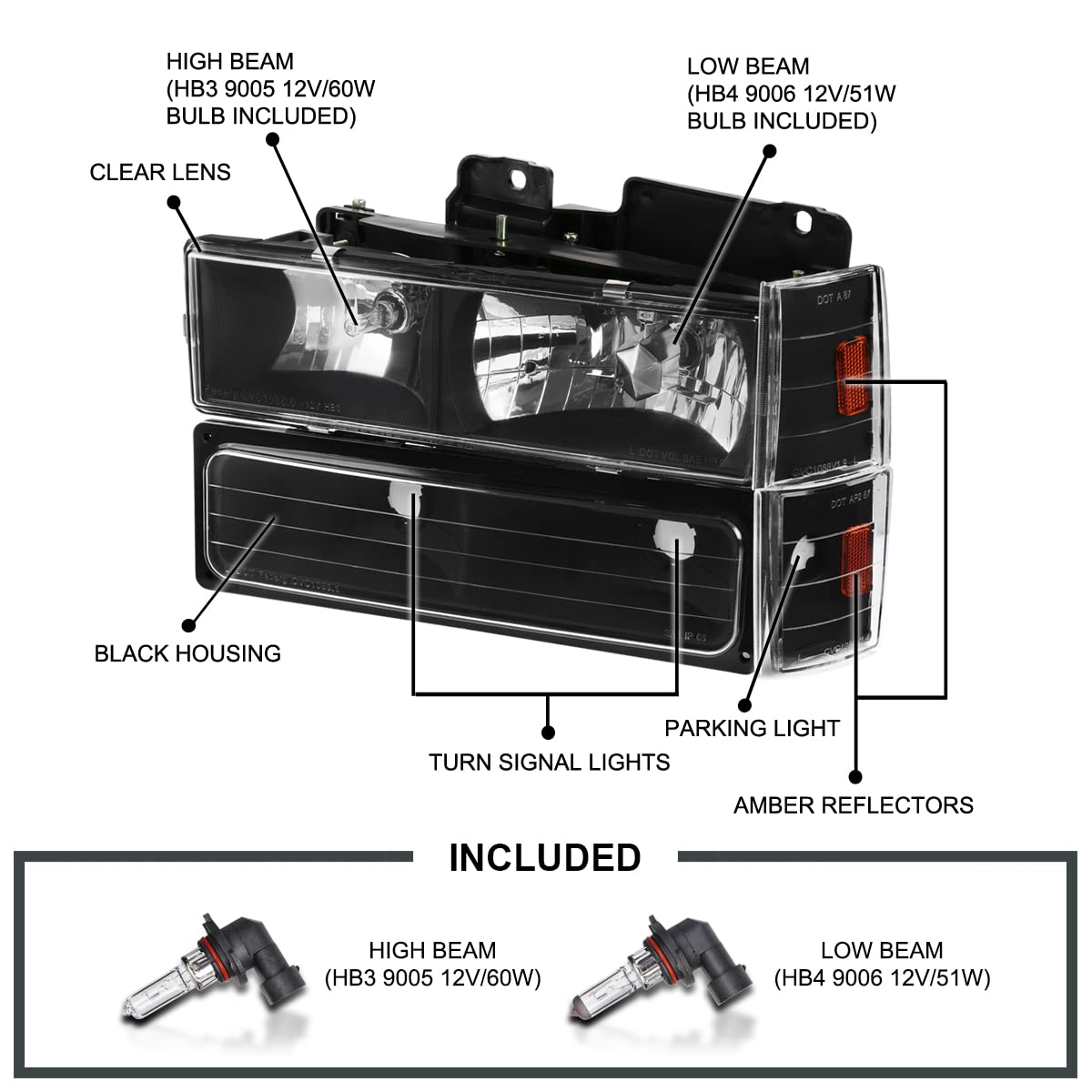 Black Headlights + Bumper Lights + Corner Lights SPEC-D TUNING Compatible with 1988-1993 Chevy C10 Pickup C/K 1500 2500 3500 Silverado Sierra, Left + Right Pair Headlamps Assembly