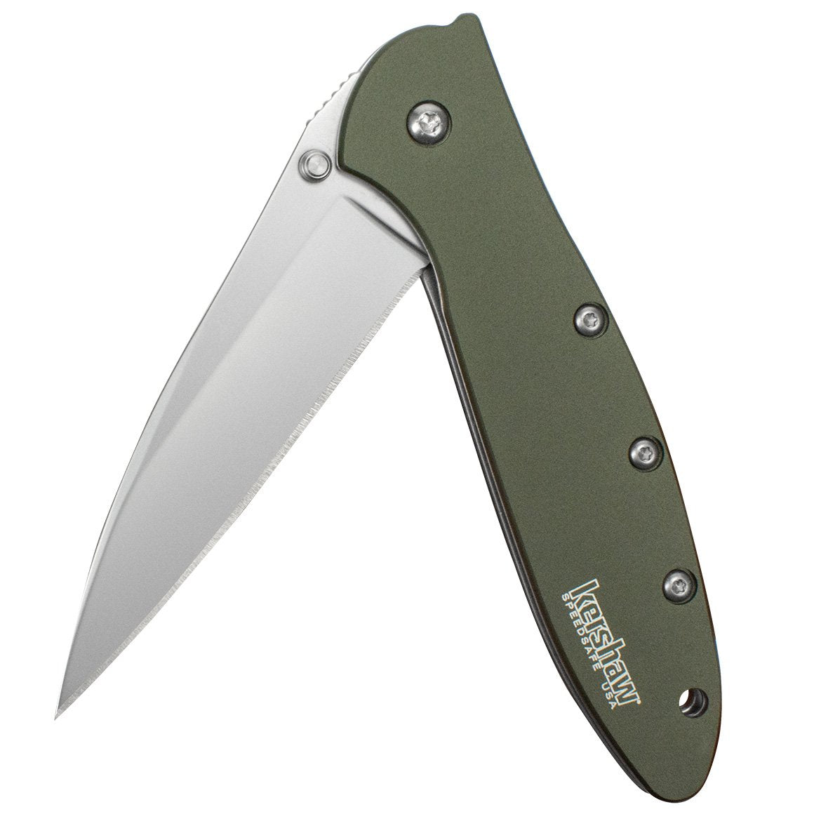 Kershaw Pocket Knife Leek, Olive Drab (1660OL) 3 Bead-Blasted Sandvik 14C28N Steel Blade, Olive Drab Anodized Aluminum Handle with SpeedSafe Assisted Opening, Liner Lock, Tip-Lock Slider; 2.4 OZ.