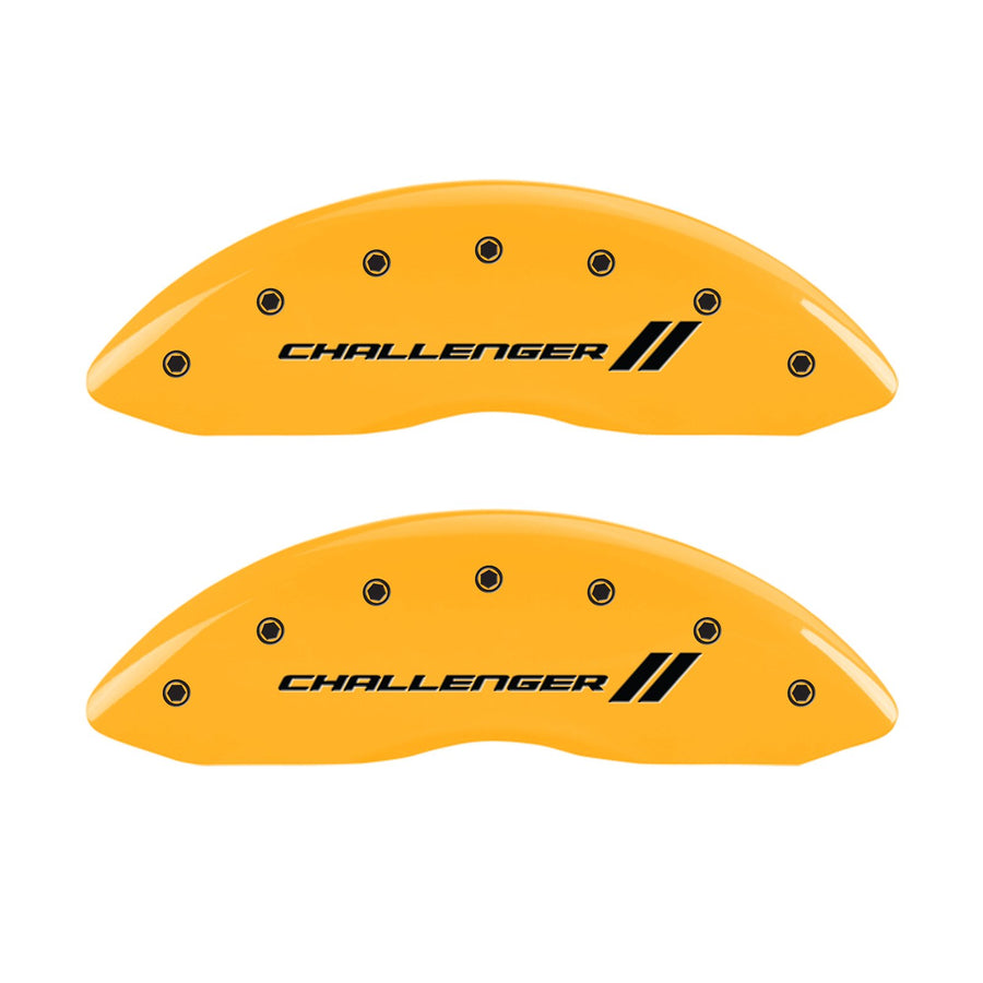 MGP 12088SCL1YL Yellow Caliper Covers (Set of 4, Engraved Front and Rear: With stripes/Challenger, Yellow powder coat finish, black characters)