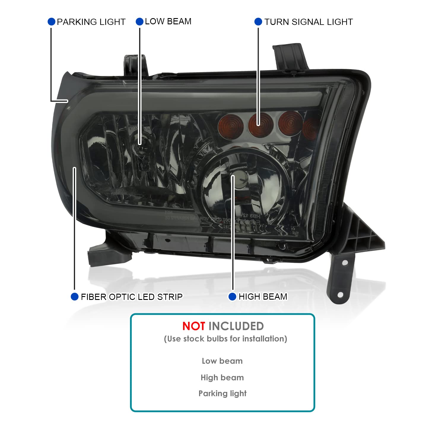 Smoke Headlights w/LED Tube SPEC-D TUNING Compatible with 2007-2013 Toyota Tundra, Left + Right Pair Headlamp Assembly