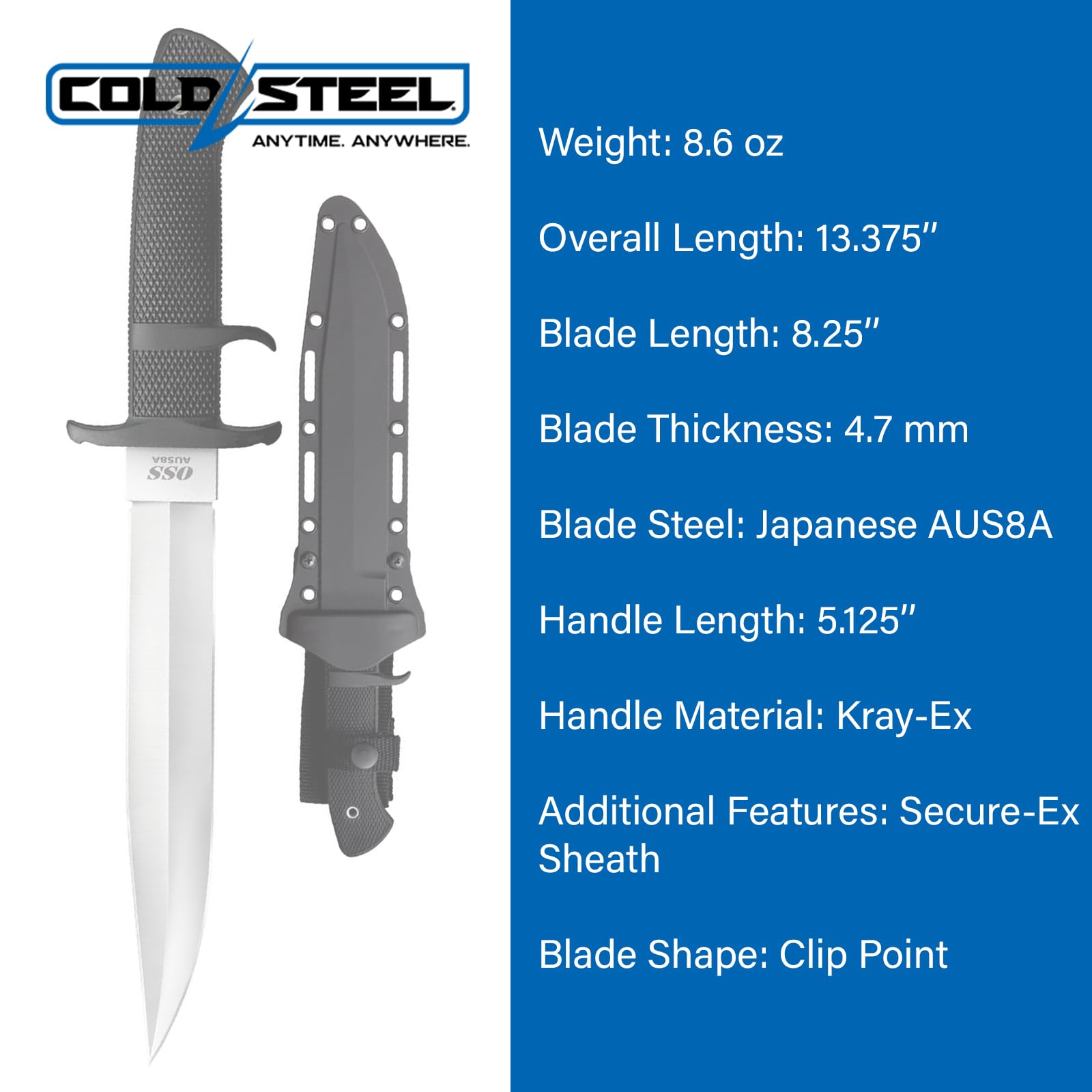 COLD STEEL 8.25" OSS Japanese AUS8A Clip Point Blade 5.125" Kray-Ex Handle Tactical Outdoor Hunting Fixed Blade Knife w/Secure-Ex Sheath