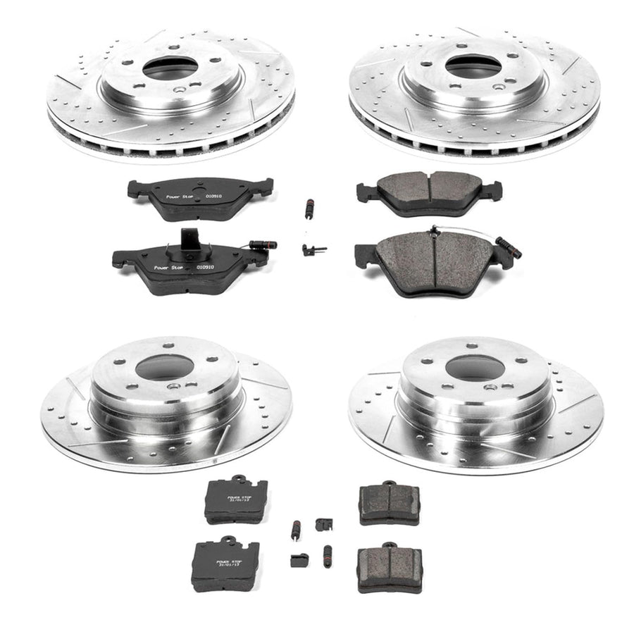 Power Stop K2790 Z23 Carbon Fiber Brake Pads Front and Rear with Drilled & Slotted Brake Rotors Kit and 2 Front & 2 Rear Sensor Wires For Mercedes-Benz E430 2001-2002 [Model Specific]