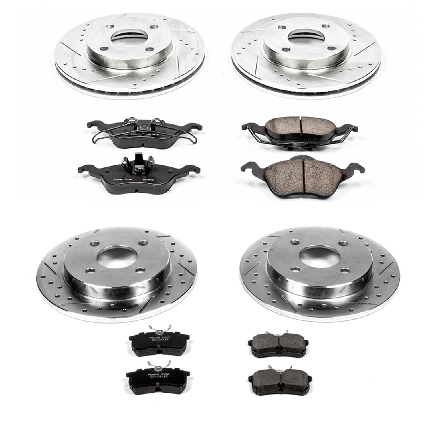 Power Stop K1359 Z23 Carbon Fiber Brake Pads Front and Rear with Drilled & Slotted Brake Rotors Kit For Ford Focus 2001-2004 [Model Specific]