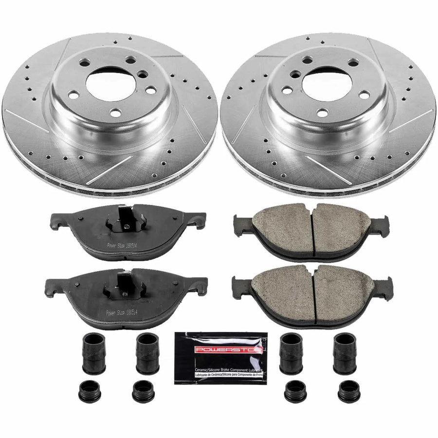 Power Stop K7162 Z23 Carbon Fiber Brake Pads with Drilled & Slotted Brake Rotors Kit and 1 Front Sensor Wire For BMW 528i 2012-2013 [Model Specific]