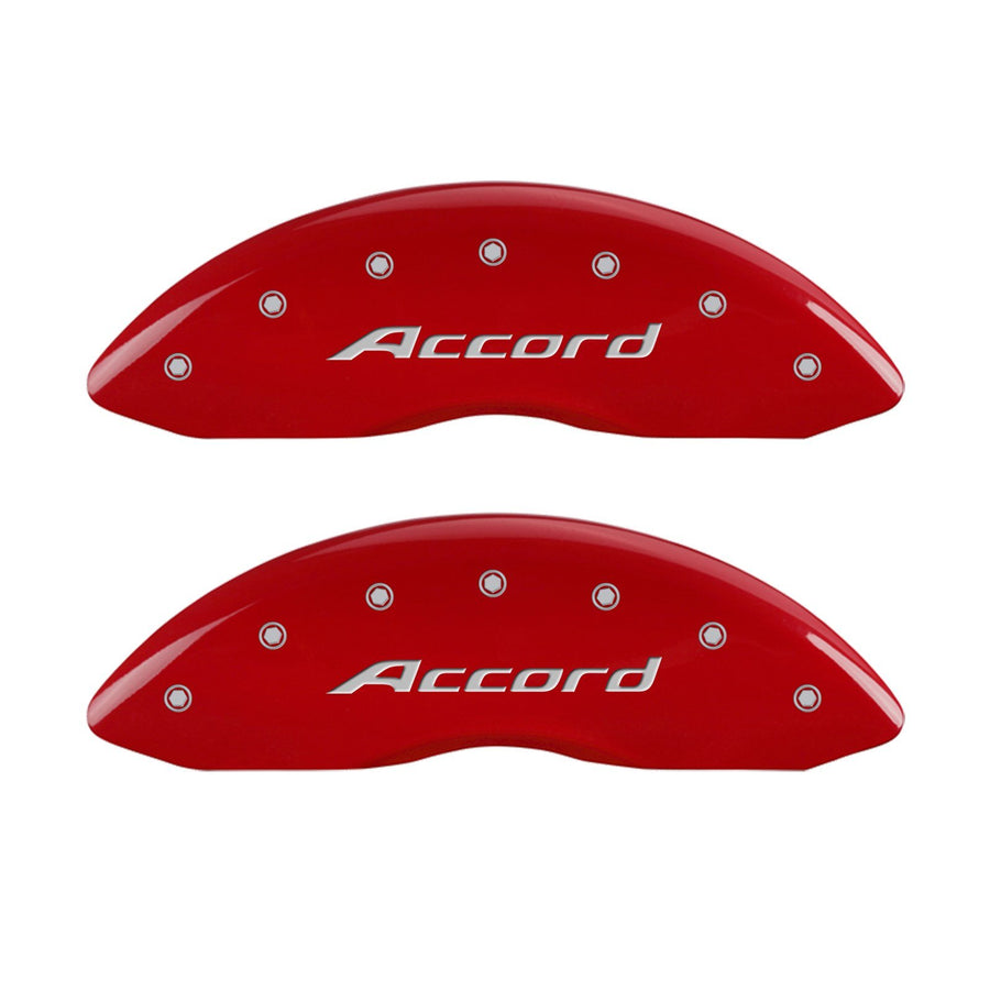 Caliper Covers MGP 20219SACCRD Red Powder Coat Finish Front and Rear Caliper Cover, Set of 4 (Accord Silver Characters, Engraved)