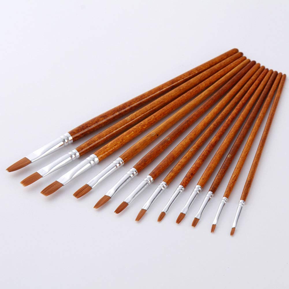 12pcs Paint Brush Oil Painting Set Watercolor Acrylic Wood Handles Art Supplies Reusable Nylon Fine Pointed Flat Drawing