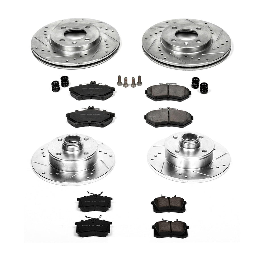 Power Stop K376 Z23 Carbon Fiber Brake Pads Front and Rear with Drilled & Slotted Brake Rotors Kit For Volkswagen Passat 1995-1997 [Model Specific]