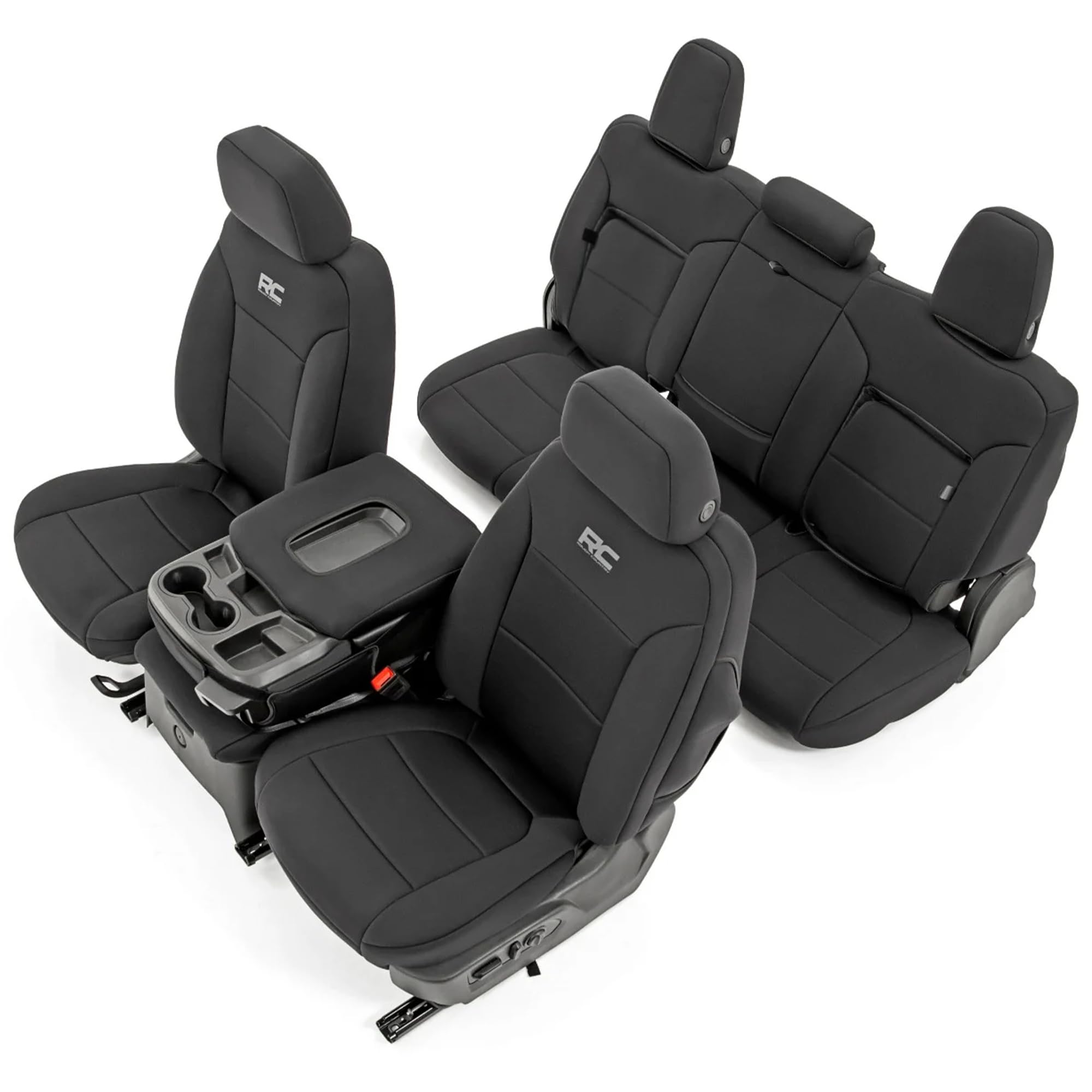 Rough Country Neoprene Seat Covers for GMC Sierra & Chevy Silverado 1500 (2019-2026) w/Rear Seat Storage & Cup Holder - Waterproof & UV Resistant, Foam Padded, Front & Rear Row Cover Set