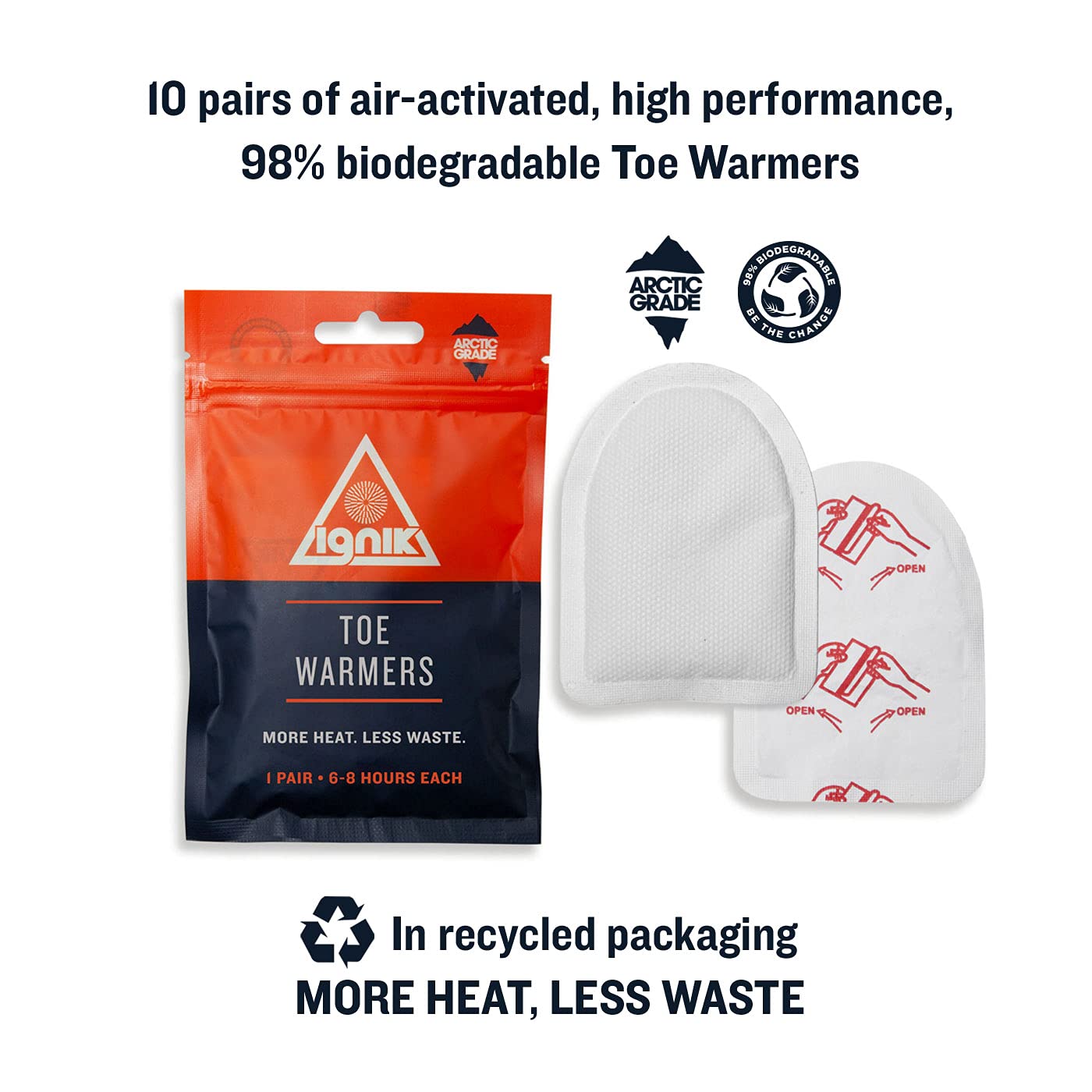 8-Hour Ignik Compostable Toe Warmers with Resealable AirBarrier Pouch, 10 Pairs