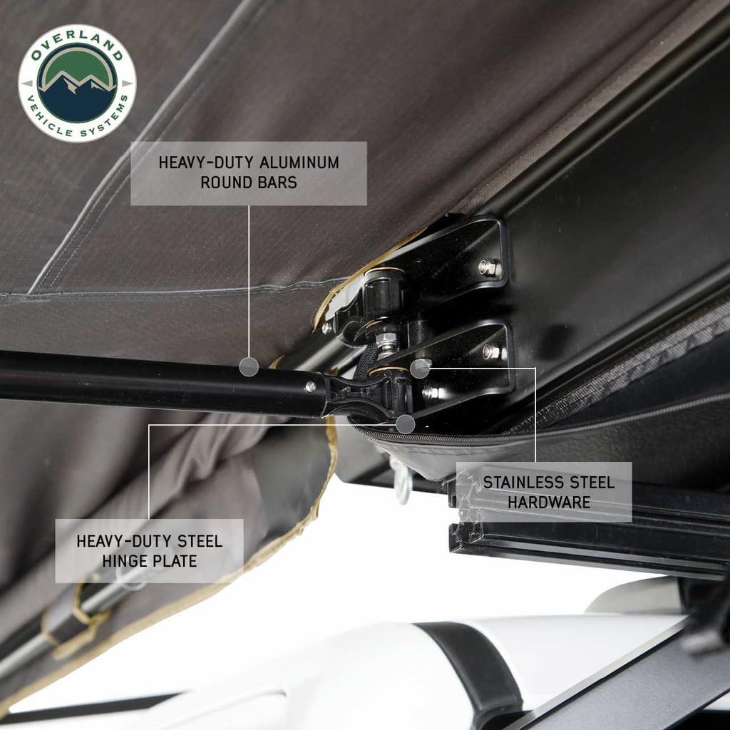 Overland Vehicle Systems Nomadic HD 180 LTE Dark Grey Awning with Black Travel Cover | 280G Poly Cotton Ripstop Material | 59 Sq Ft of Coverage | Easy Installation