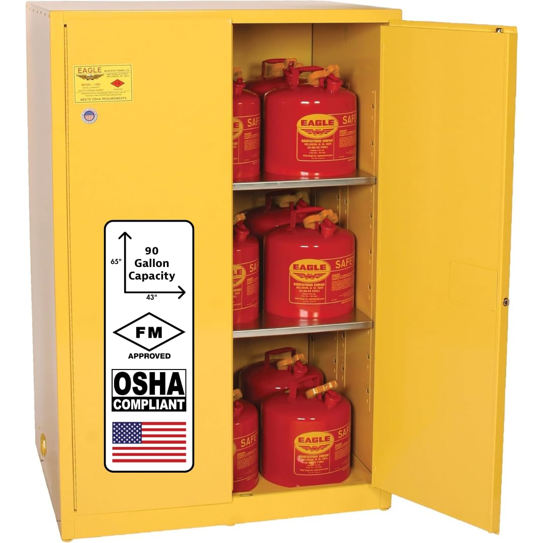 90 Gallon Eagle American Made Flammable Liquid Storage Cabinet, Self-Close Fireproof Cabinet for Schools, Garages, Manufacturing Facilities, 43" x 34" x 65", 9010X