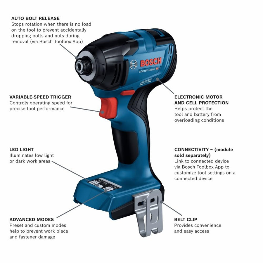 18V BOSCH GDR18V-1860CN Brushless Connected-Ready 1/4 In. Hex Impact Driver (Bare Tool)