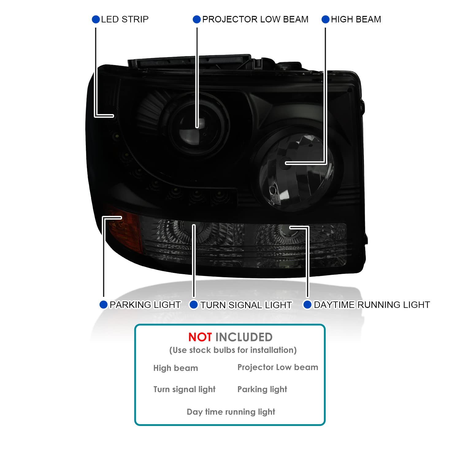 Black Smoke SPEC-D TUNING Projector Headlights w/LED Strip Compatible with 1999-2002 Chevrolet Silverado 1500, Left + Right Pair Headlamps Assembly