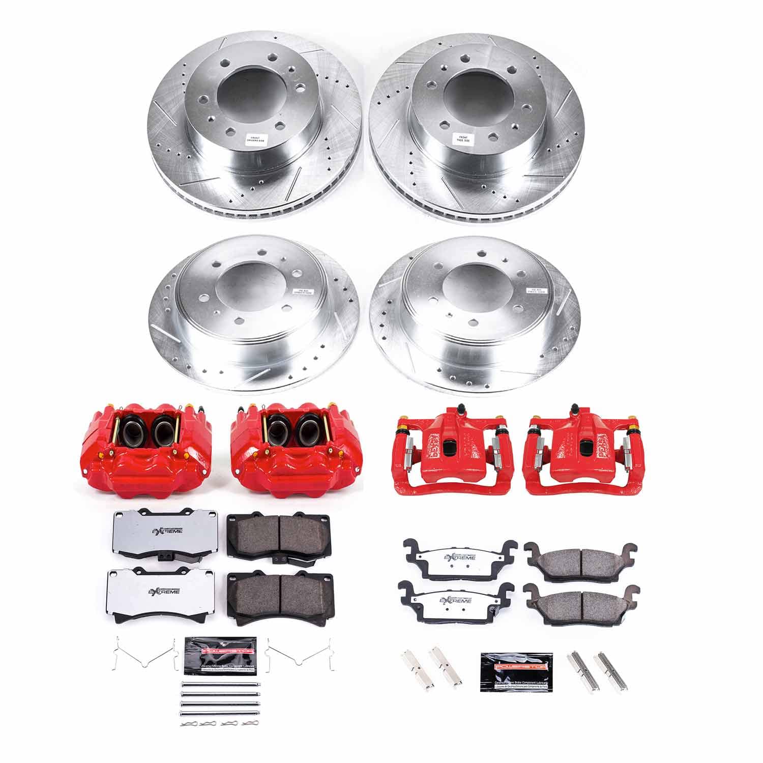 Power Stop Z36 Truck & Tow Brake Pad and Rotor Kit KC2820-36 with Red Powder Coated Calipers For Hummer H3 2006-2010, Hummer H3T 2009-2010 [Model Specific]