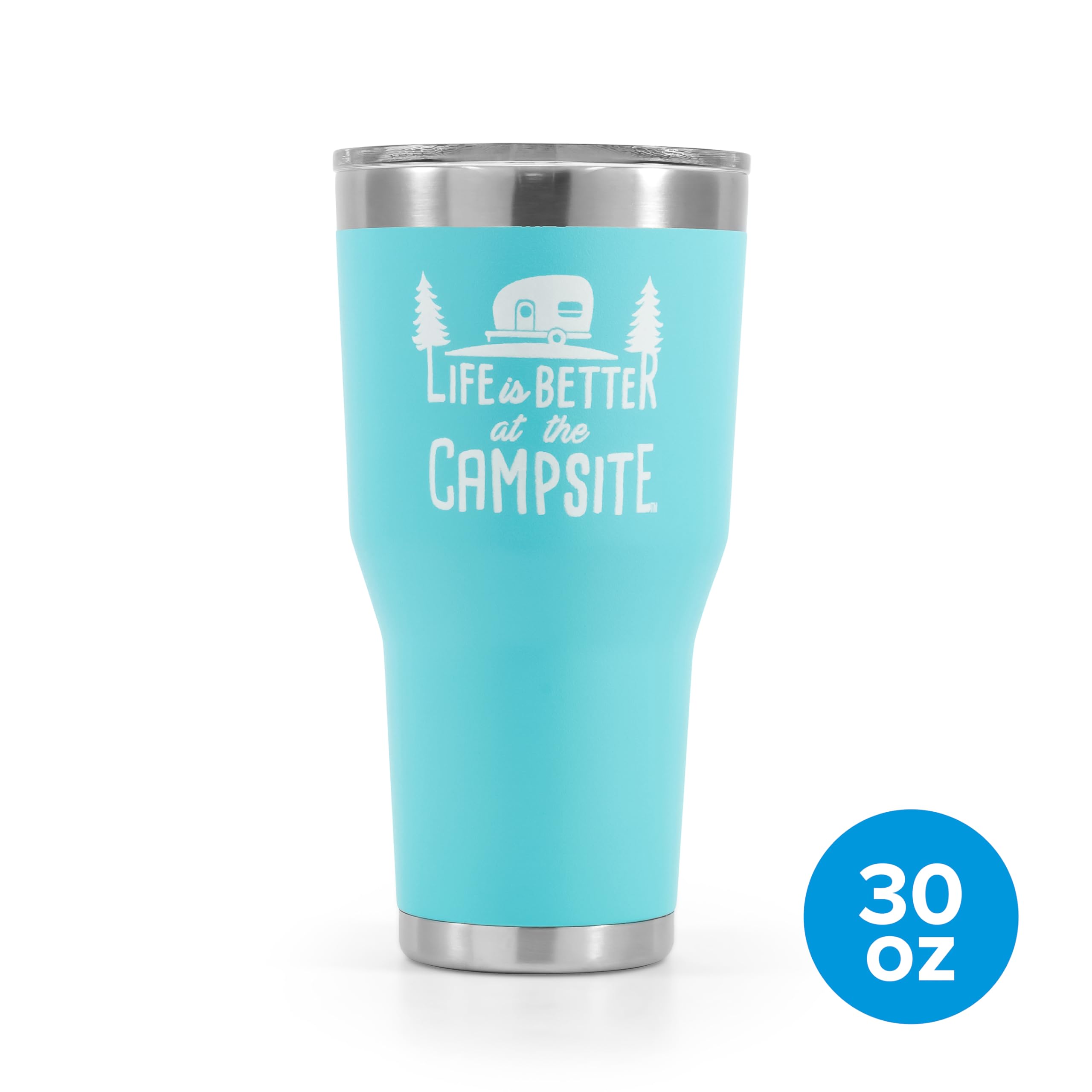 Camco Tumbler Life is Better at The Campsite | Heavy Duty Double Wall Vacuum Insulation | Crafted of 18/8 Stainless Steel | Unique “Life is Better at The Campsite” Design on Cool Blue | 30-oz (53058)