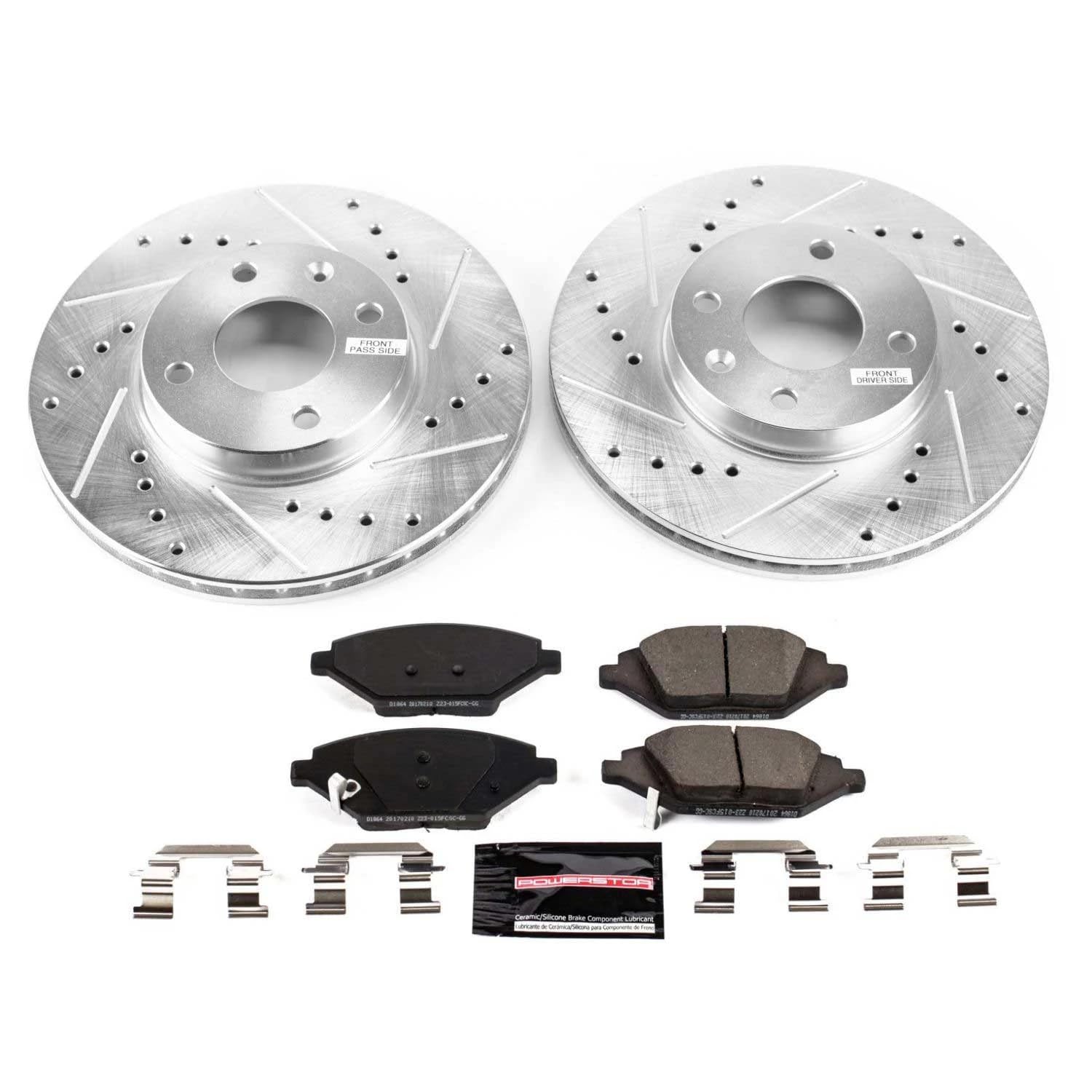 Power Stop K7844 Z23 Carbon Fiber Brake Pads Front with Drilled & Slotted Brake Rotors Kit For Chevrolet Spark 2016-2022 [Model Specific]