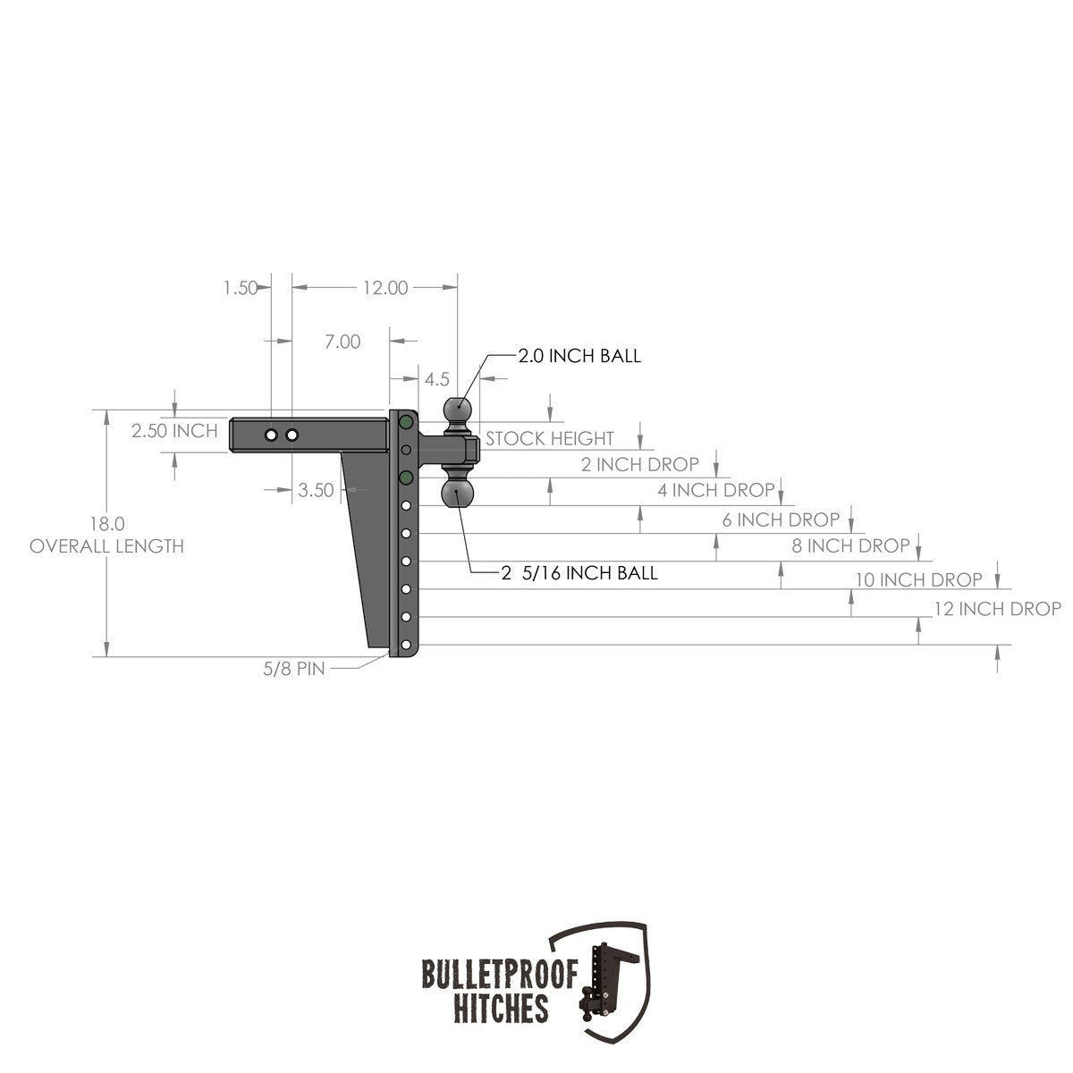 HD2512 Bulletproof Hitches Class 5 Drop Hitch Receiver: 2.5 Inches Adjustable