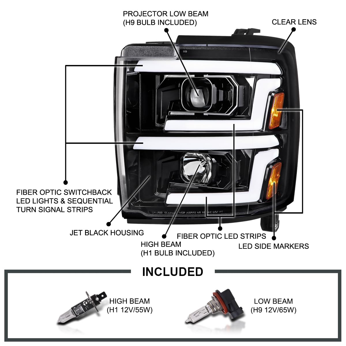 Slick Black SPEC-D TUNING Projector Headlights w/Sequential Switchback LED Signal Lamps Compatible with 2015-2019 Chevy Silverado 2500HD 3500HD