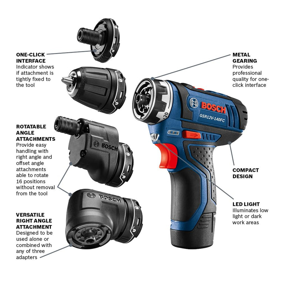 12V Max Bosch GSR12V-140FCB22 Drill/Driver with 5-In-1 Flexiclick® System and (2) 2.0 Ah Batteries