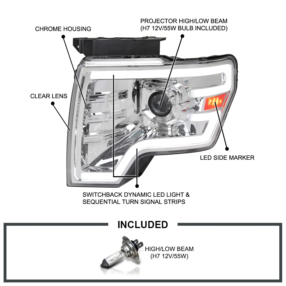 Chrome Projector Headlights SPEC-D TUNING w/Switchback Sequential LED Signal Tube and Startup Animation Compatible with 2009-2014 Ford F150 F-150, Left + Right Pair Headlamps Assembly